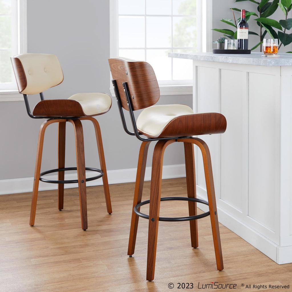 Lombardi 30" Fixed-Height Barstool - Set of 2 - Walnut Wood, Black Metal, Cream PU