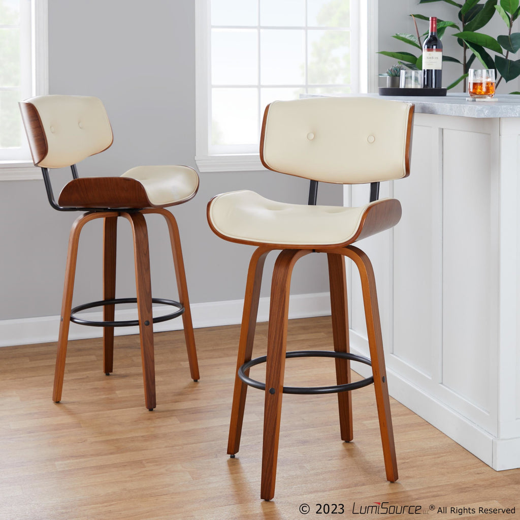 Lombardi 30" Fixed-Height Barstool - Set of 2 - Walnut Wood, Black Metal, Cream PU
