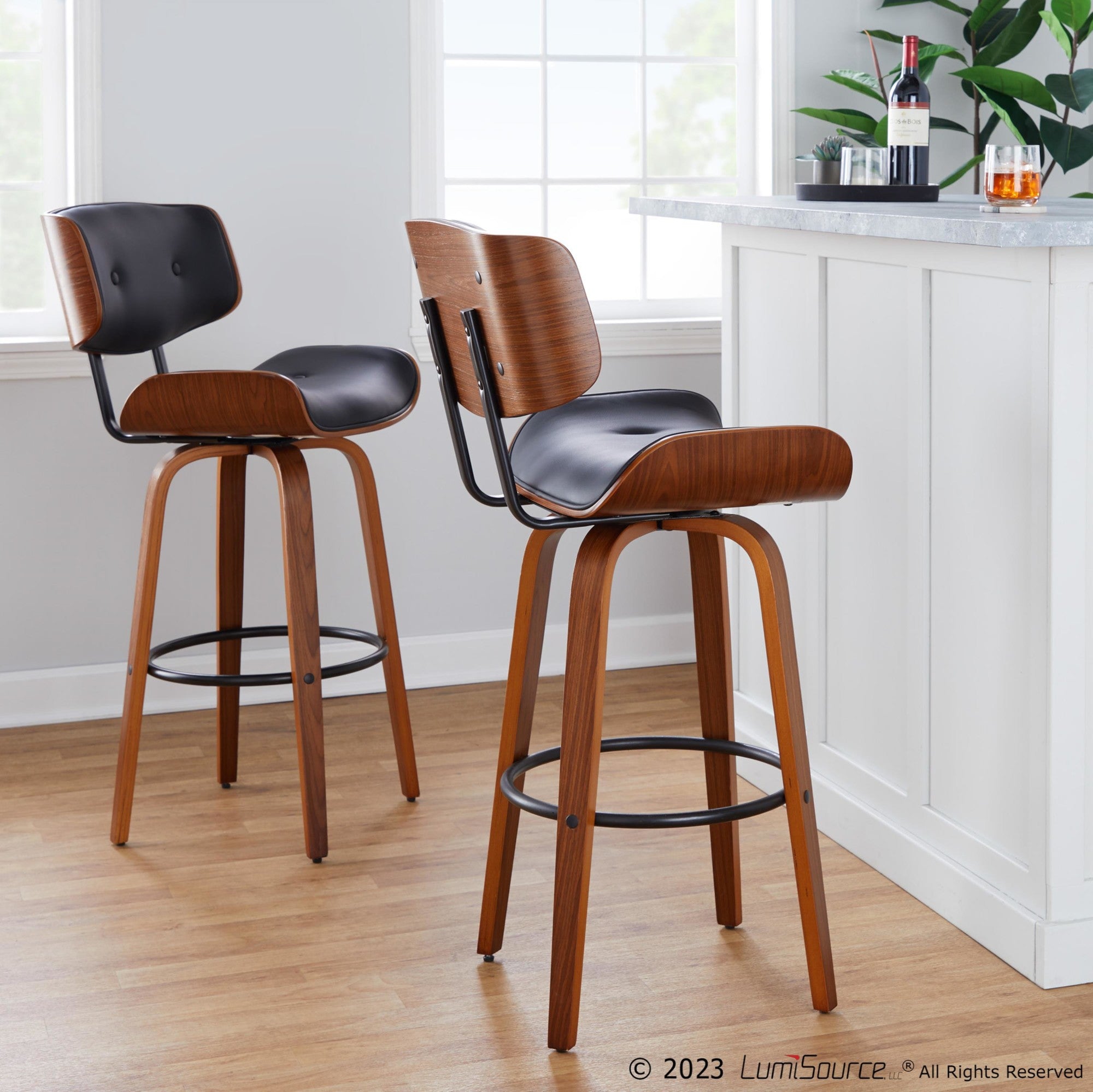 Lombardi 30" Fixed-Height Barstool - Set of 2 - Walnut Wood, Black Metal, Black PU