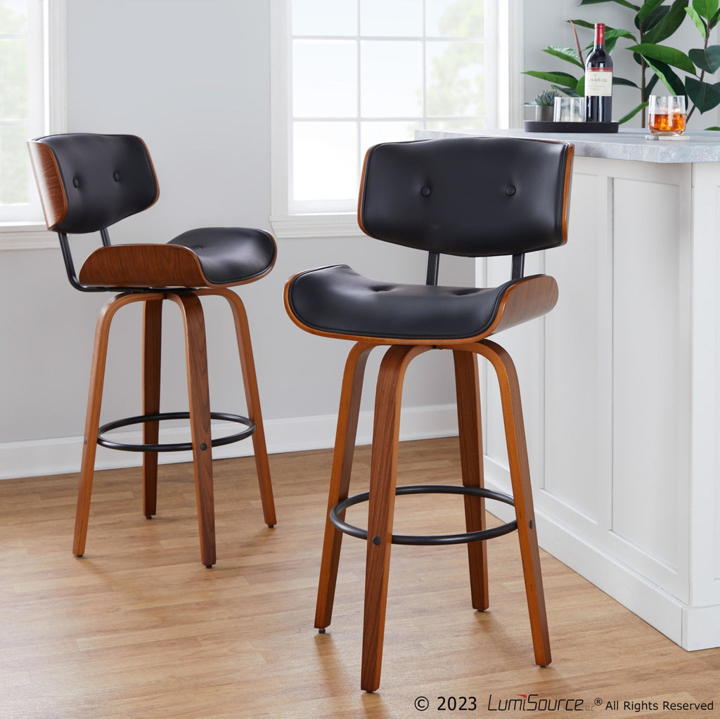Lombardi 30" Fixed-Height Barstool - Set of 2 - Walnut Wood, Black Metal, Black PU