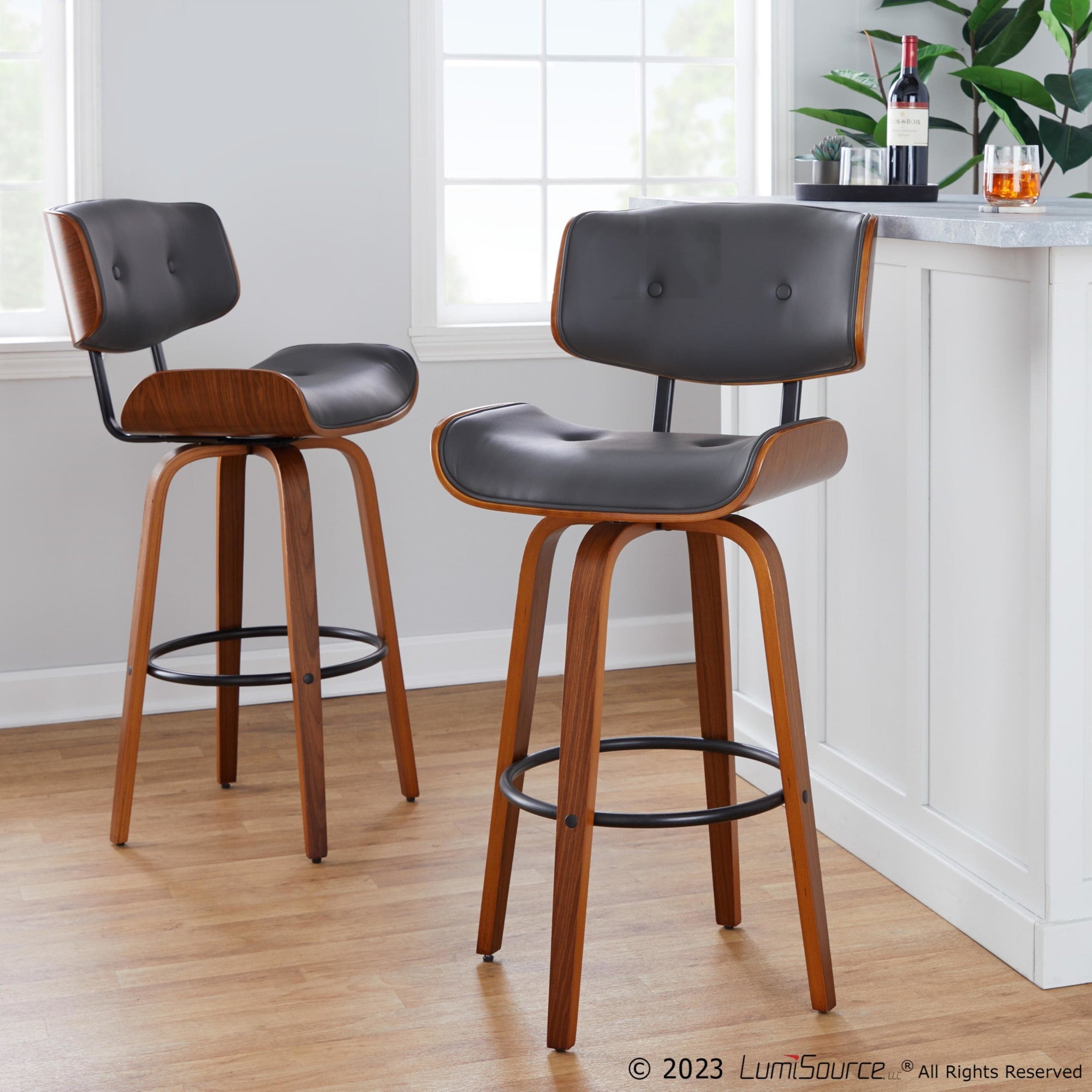 Lombardi 30" Fixed-Height Barstool - Set of 2 - Walnut Wood, Black Metal, Grey PU