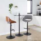 Fabrizzi Adjustable Barstool - Set of 2 - Walnut Wood, Black Metal, Noise Grey Fabric