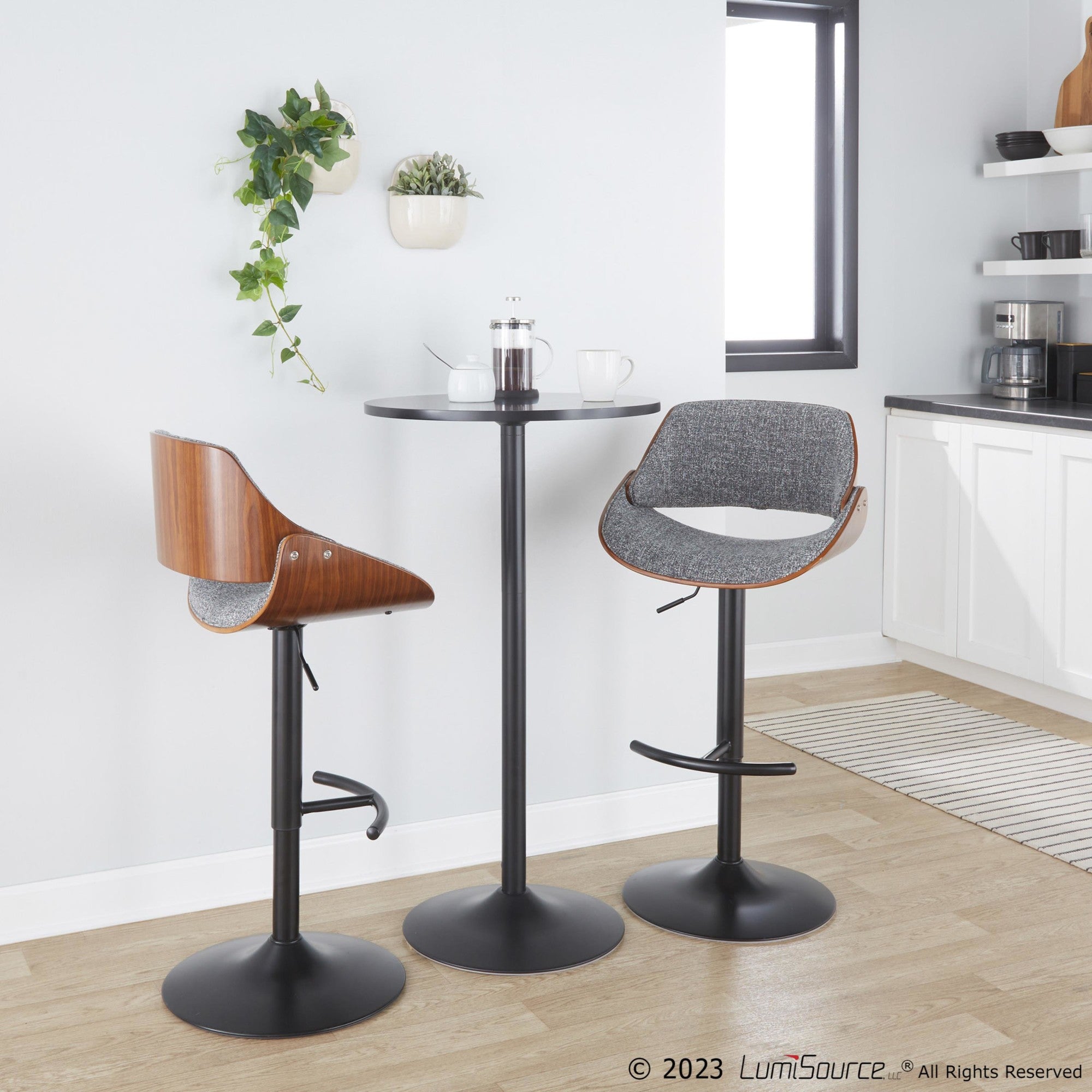 Fabrizzi Adjustable Barstool - Set of 2 - Walnut Wood, Black Metal, Noise Grey Fabric