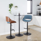 Fabrizzi Adjustable Barstool - Set of 2 - Walnut Wood, Black Metal, Blue Fabric