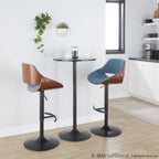 Fabrizzi Adjustable Barstool - Set of 2 - Walnut Wood, Black Metal, Blue Fabric