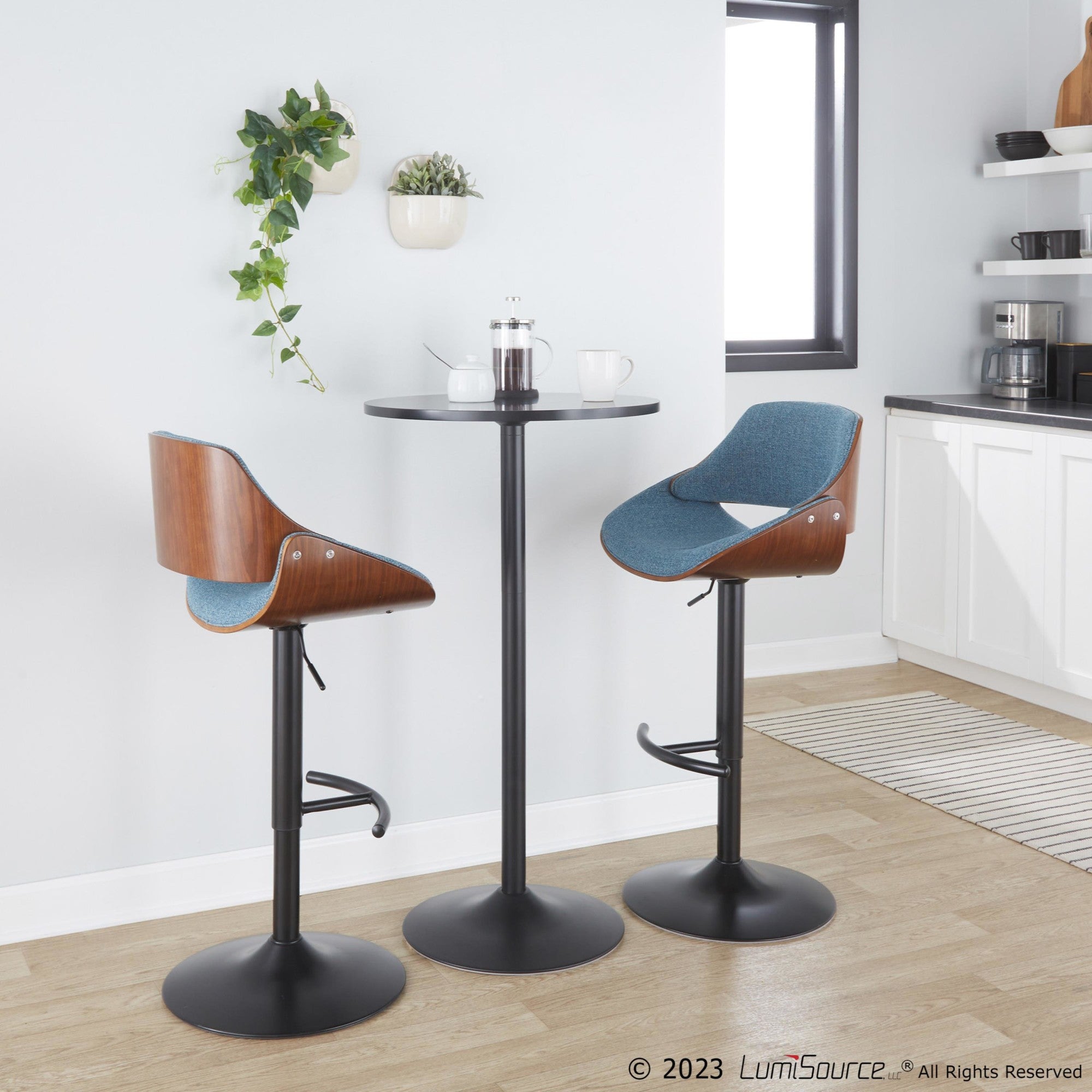 Fabrizzi Adjustable Barstool - Set of 2 - Walnut Wood, Black Metal, Blue Fabric