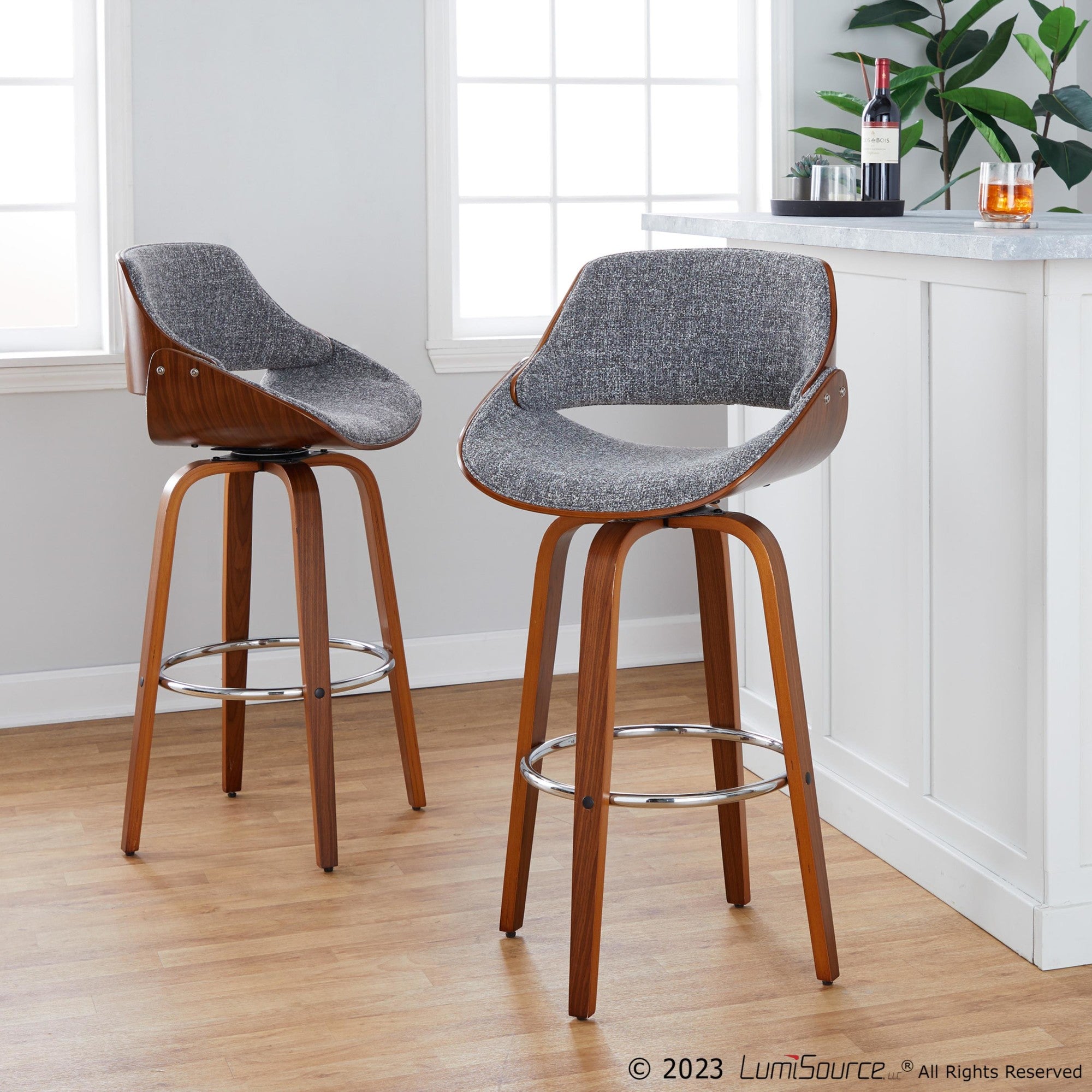 Fabrizzi 30" Fixed-Height Barstool - Set of 2 - Walnut Wood, Chrome Metal, Noise Grey Fabric
