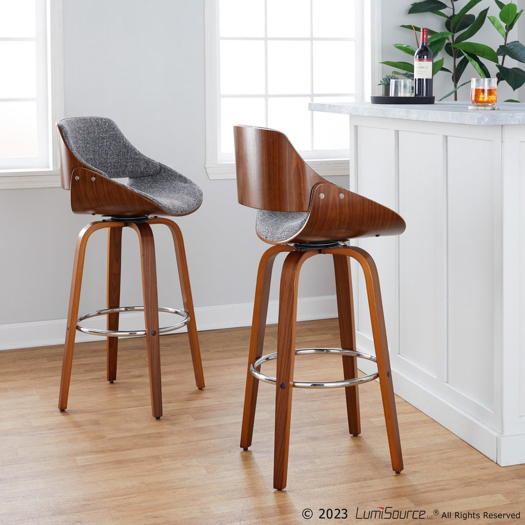 Fabrizzi 30" Fixed-Height Barstool - Set of 2 - Walnut Wood, Chrome Metal, Noise Grey Fabric