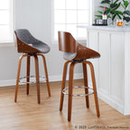 Fabrizzi 30" Fixed-Height Barstool - Set of 2 - Walnut Wood, Chrome Metal, Noise Grey Fabric