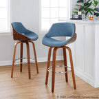 Fabrizzi 30" Fixed-Height Barstool - Set of 2 - Walnut Wood, Chrome Metal, Blue Fabric