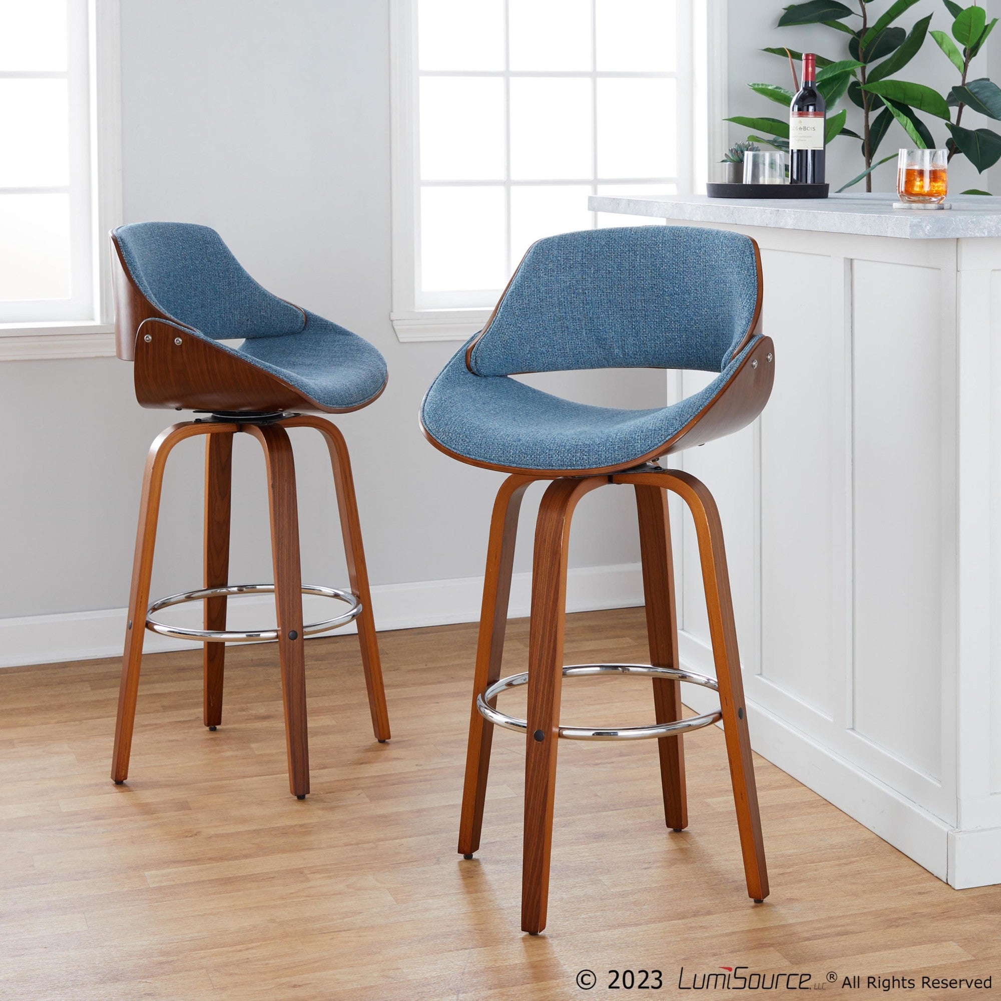 Fabrizzi 30" Fixed-Height Barstool - Set of 2 - Walnut Wood, Chrome Metal, Blue Fabric
