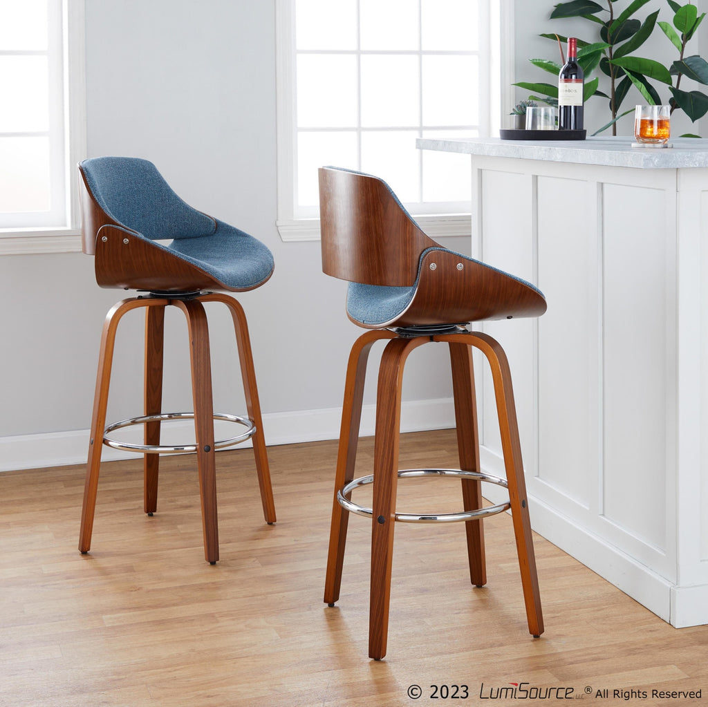 Fabrizzi 30" Fixed-Height Barstool - Set of 2 - Walnut Wood, Chrome Metal, Blue Fabric