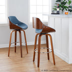 Fabrizzi 30" Fixed-Height Barstool - Set of 2 - Walnut Wood, Chrome Metal, Blue Fabric