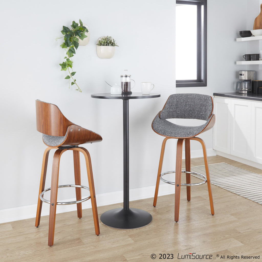 Fabrizzi 30" Fixed-Height Barstool - Set of 2 - Walnut Wood, Chrome Metal, Noise Grey Fabric