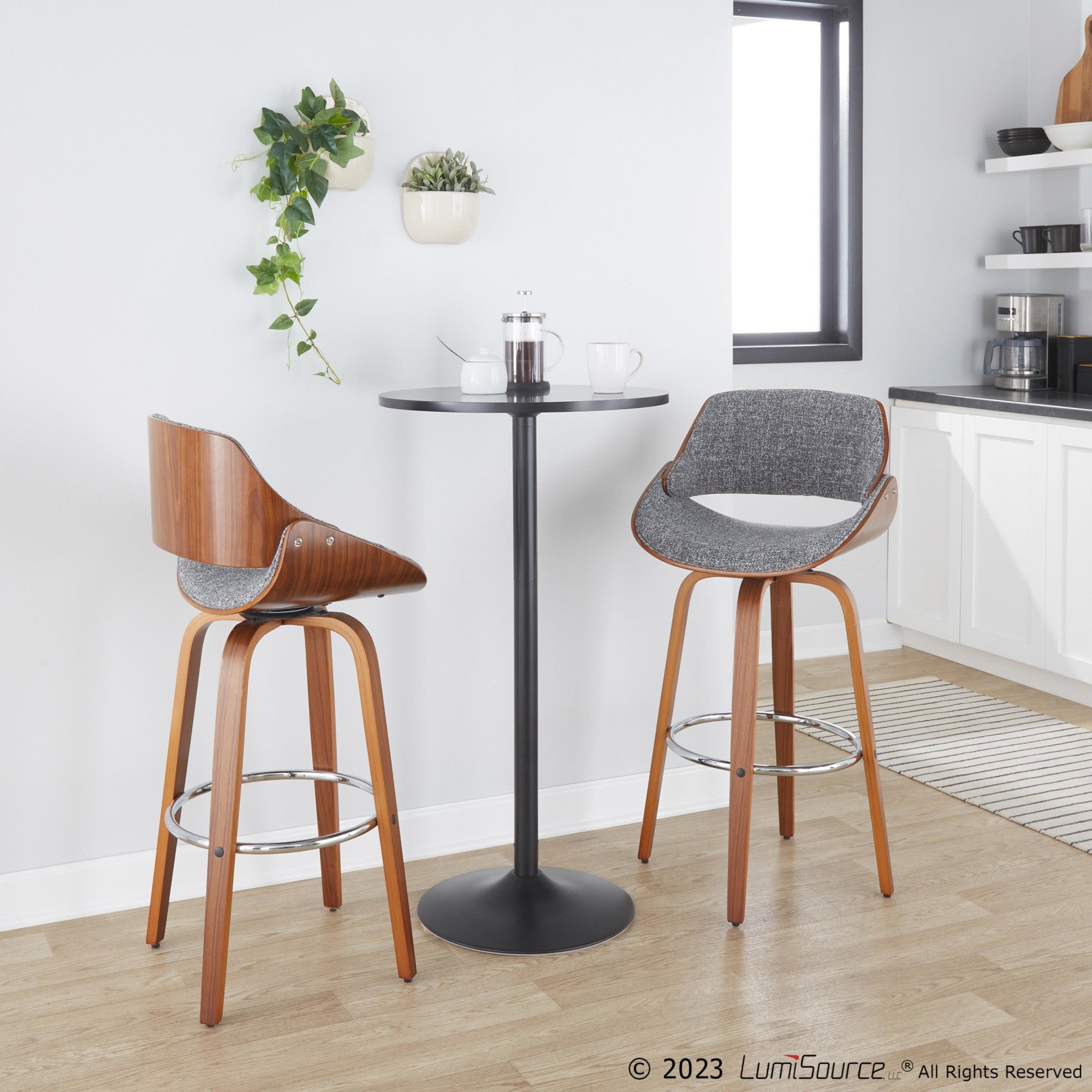 Fabrizzi 30" Fixed-Height Barstool - Set of 2 - Walnut Wood, Chrome Metal, Noise Grey Fabric