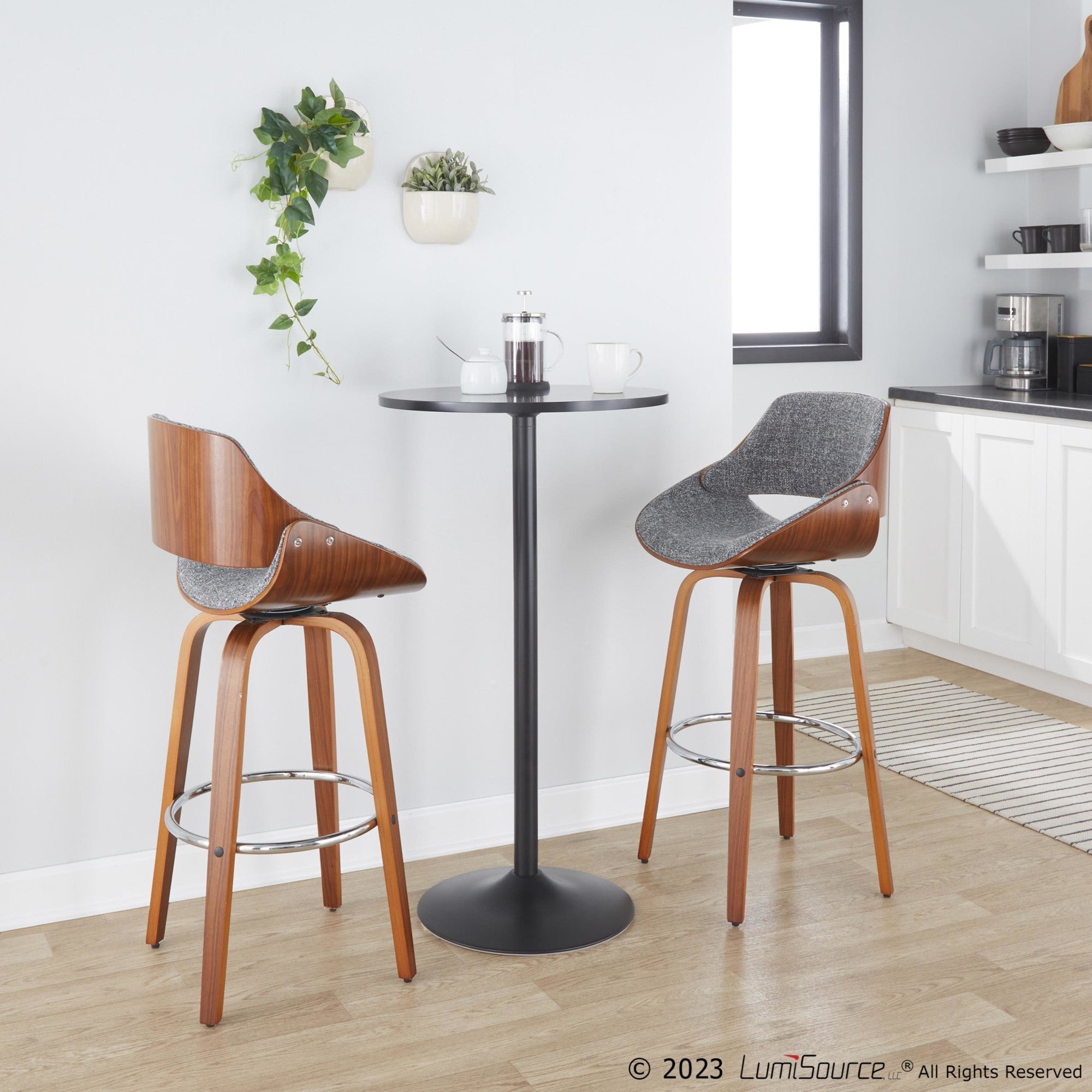 Fabrizzi 30" Fixed-Height Barstool - Set of 2 - Walnut Wood, Chrome Metal, Noise Grey Fabric
