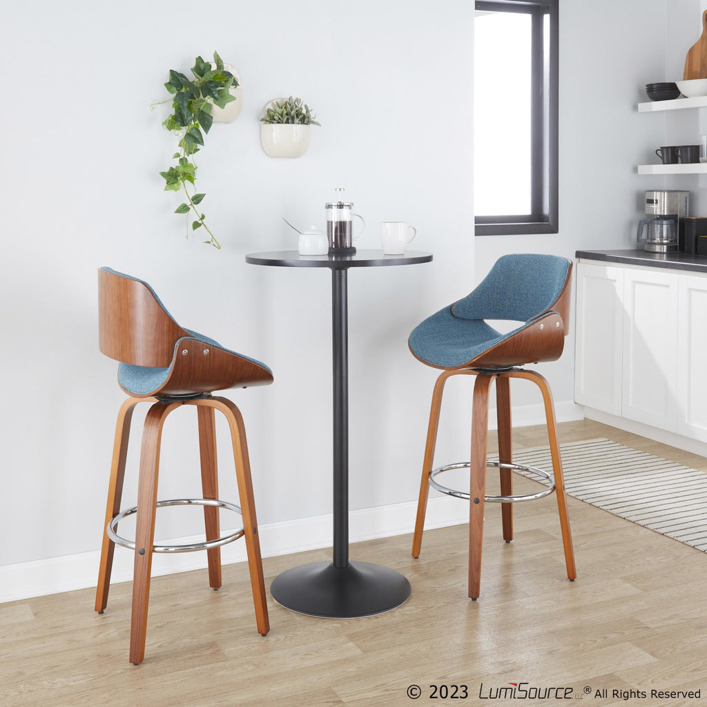 Fabrizzi 30" Fixed-Height Barstool - Set of 2 - Walnut Wood, Chrome Metal, Blue Fabric