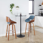 Fabrizzi 30" Fixed-Height Barstool - Set of 2 - Walnut Wood, Chrome Metal, Blue Fabric