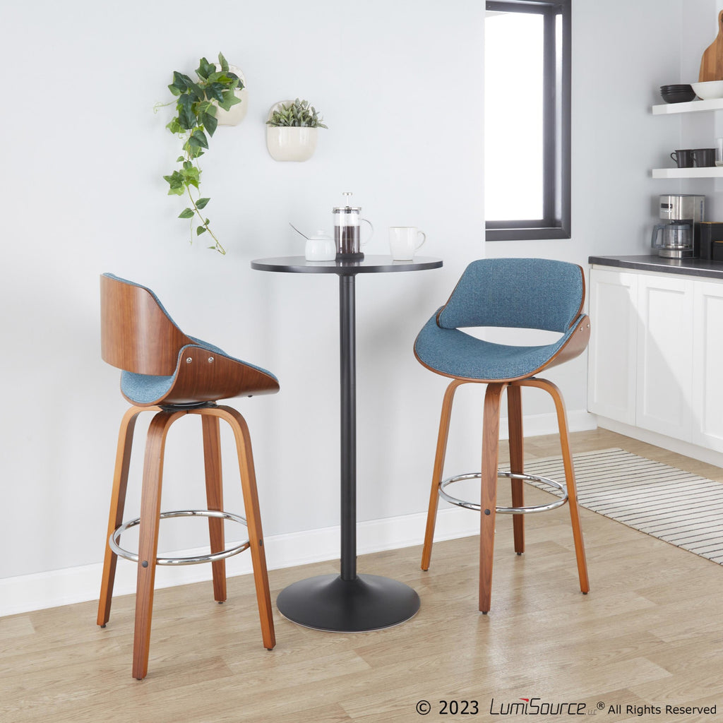 Fabrizzi 30" Fixed-Height Barstool - Set of 2 - Walnut Wood, Chrome Metal, Blue Fabric