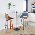 Fabrizzi 30" Fixed-Height Barstool - Set of 2 - Walnut Wood, Chrome Metal, Blue Fabric