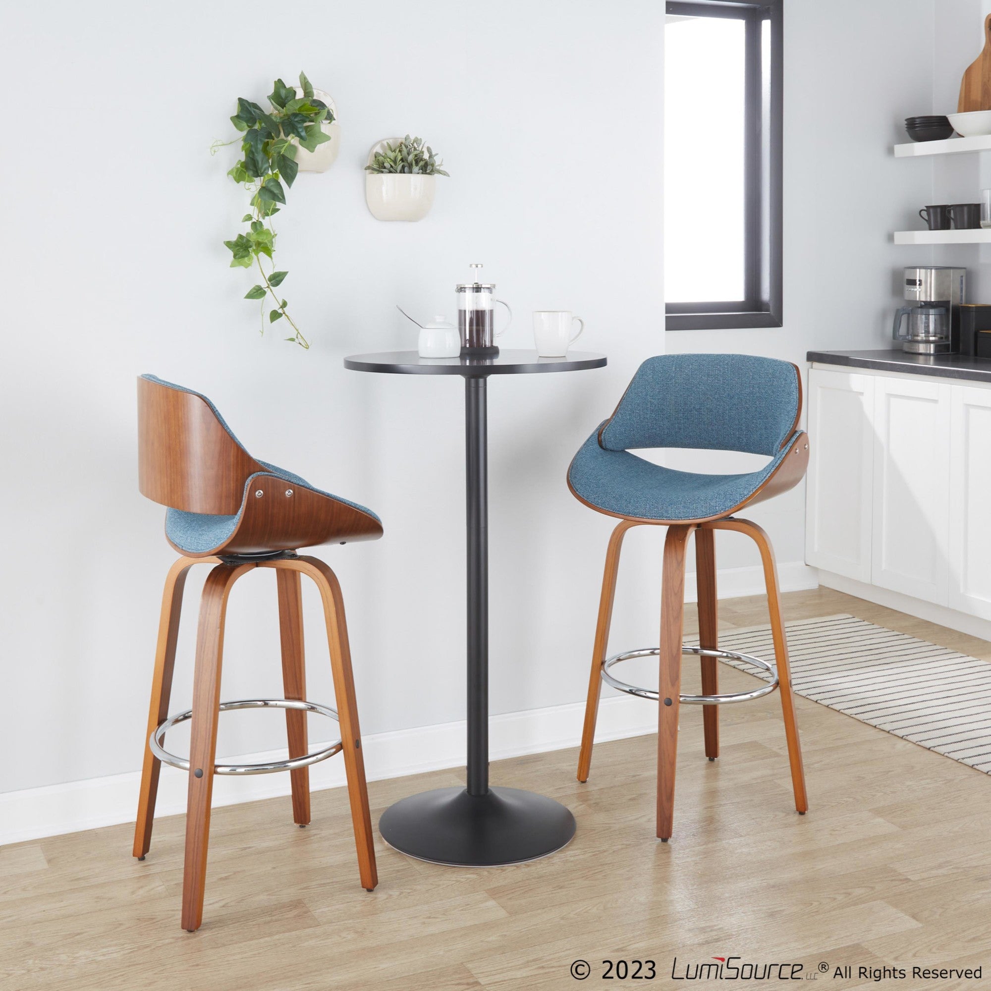Fabrizzi 30" Fixed-Height Barstool - Set of 2 - Walnut Wood, Chrome Metal, Blue Fabric