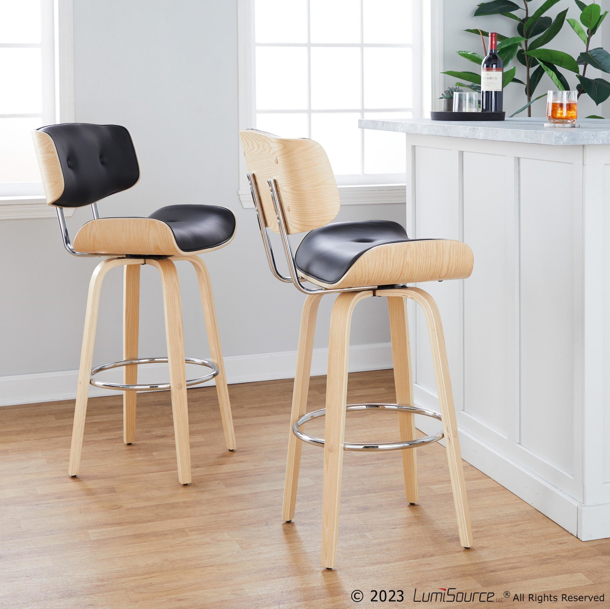 Lombardi 30" Fixed-Height Barstool - Set of 2 - Natural Wood, Chrome Metal, Black PU