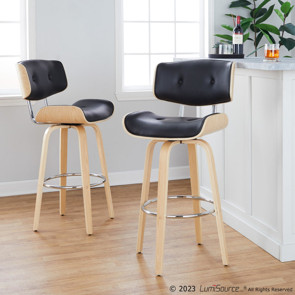 Lombardi 30" Fixed-Height Barstool - Set of 2 - Natural Wood, Chrome Metal, Black PU