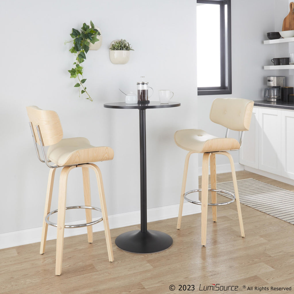 Lombardi 30" Fixed-Height Barstool - Set of 2 - Natural Wood, Chrome Metal, Cream PU