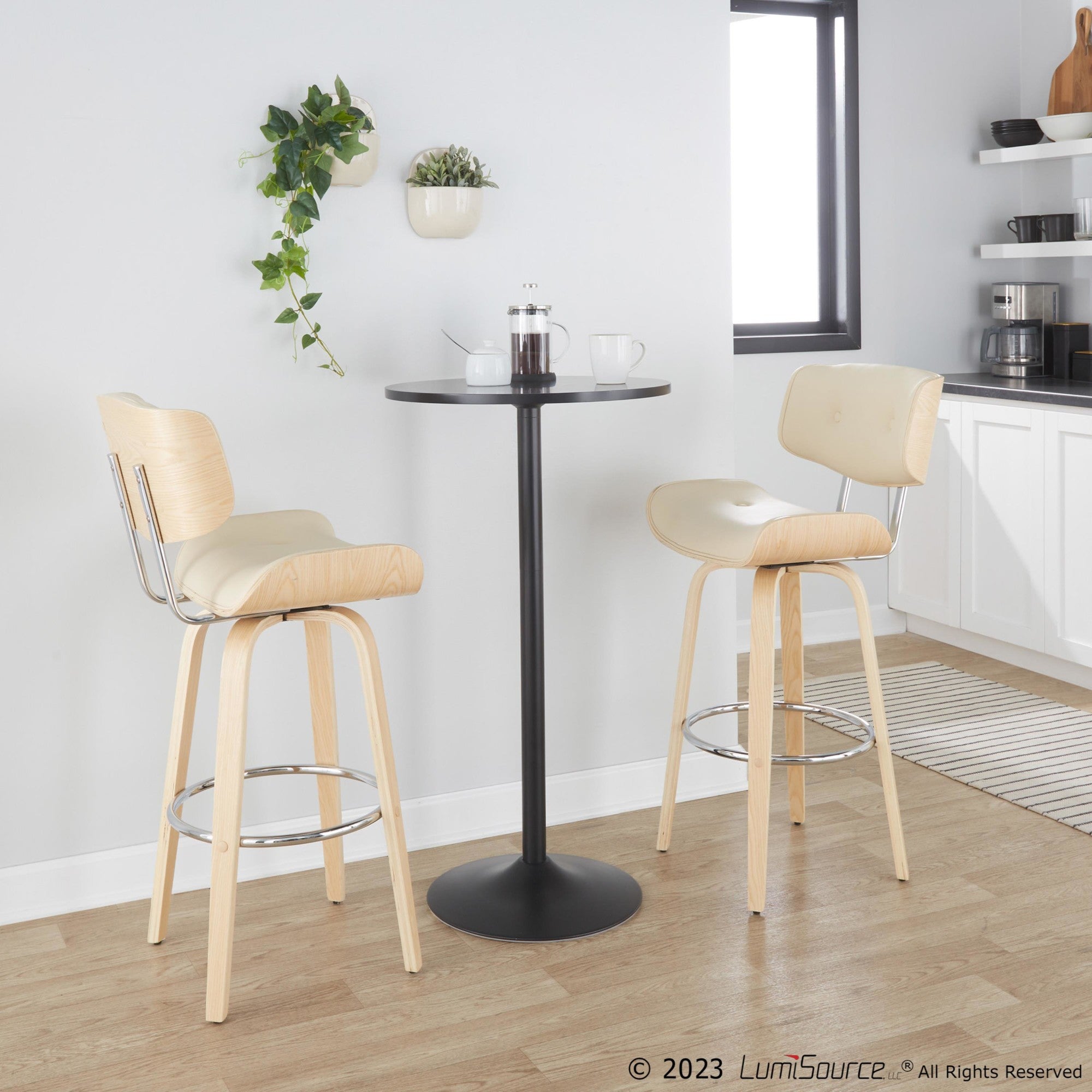 Lombardi 30" Fixed-Height Barstool - Set of 2 - Natural Wood, Chrome Metal, Cream PU
