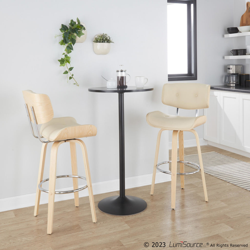 Lombardi 30" Fixed-Height Barstool - Set of 2 - Natural Wood, Chrome Metal, Cream PU