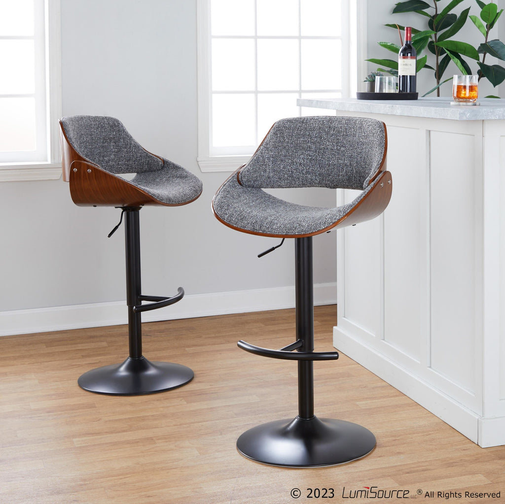 Fabrizzi Adjustable Barstool - Set of 2 - Walnut Wood, Black Metal, Noise Grey Fabric