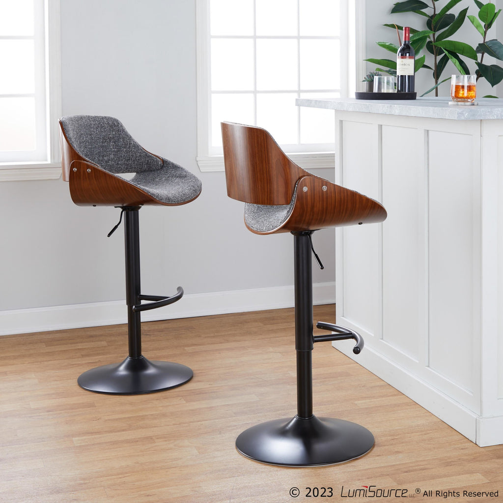 Fabrizzi Adjustable Barstool - Set of 2 - Walnut Wood, Black Metal, Noise Grey Fabric