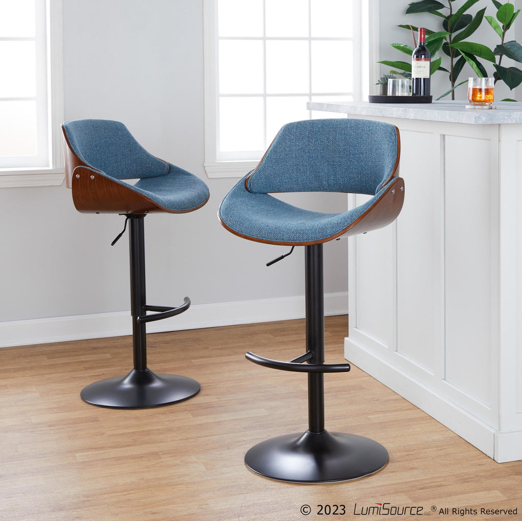 Fabrizzi Adjustable Barstool - Set of 2 - Walnut Wood, Black Metal, Blue Fabric