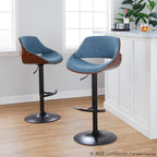 Fabrizzi Adjustable Barstool - Set of 2 - Walnut Wood, Black Metal, Blue Fabric