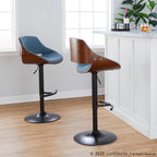 Fabrizzi Adjustable Barstool - Set of 2 - Walnut Wood, Black Metal, Blue Fabric