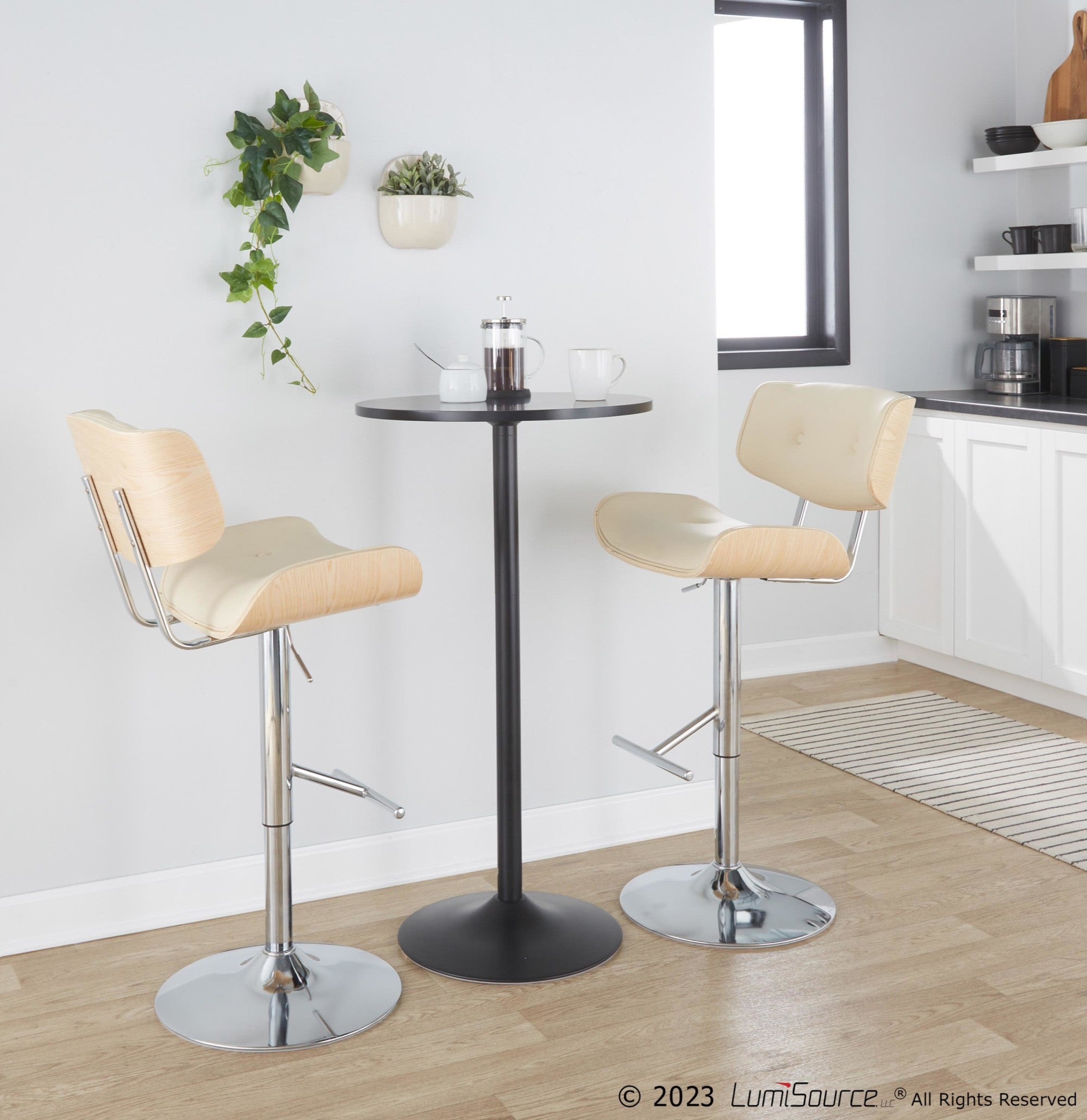 Lombardi Adjustable Barstool - Set of 2 - Chrome Metal, Natural Wood, Cream PU