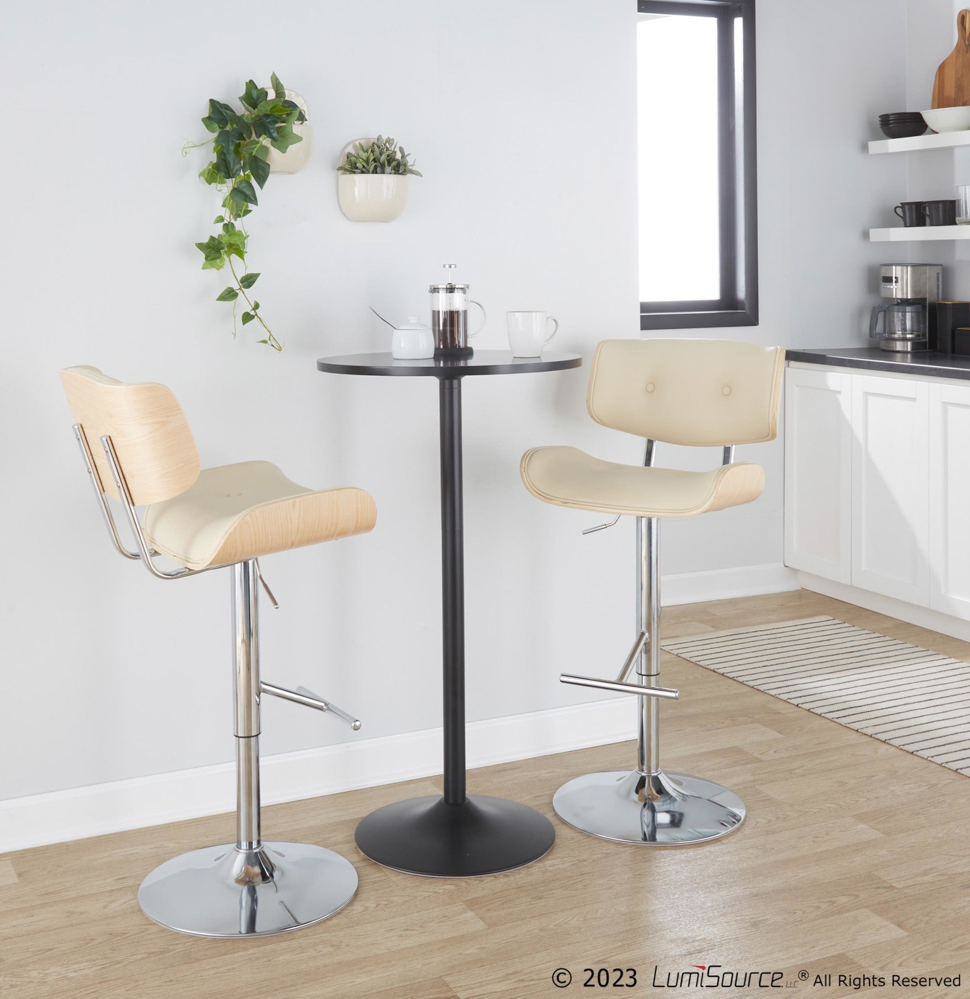 Lombardi Adjustable Barstool - Set of 2 - Chrome Metal, Natural Wood, Cream PU
