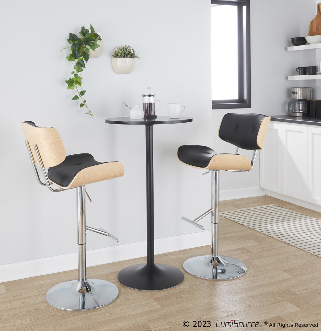 Lombardi Adjustable Barstool - Set of 2 - Chrome Metal, Natural Wood, Black PU