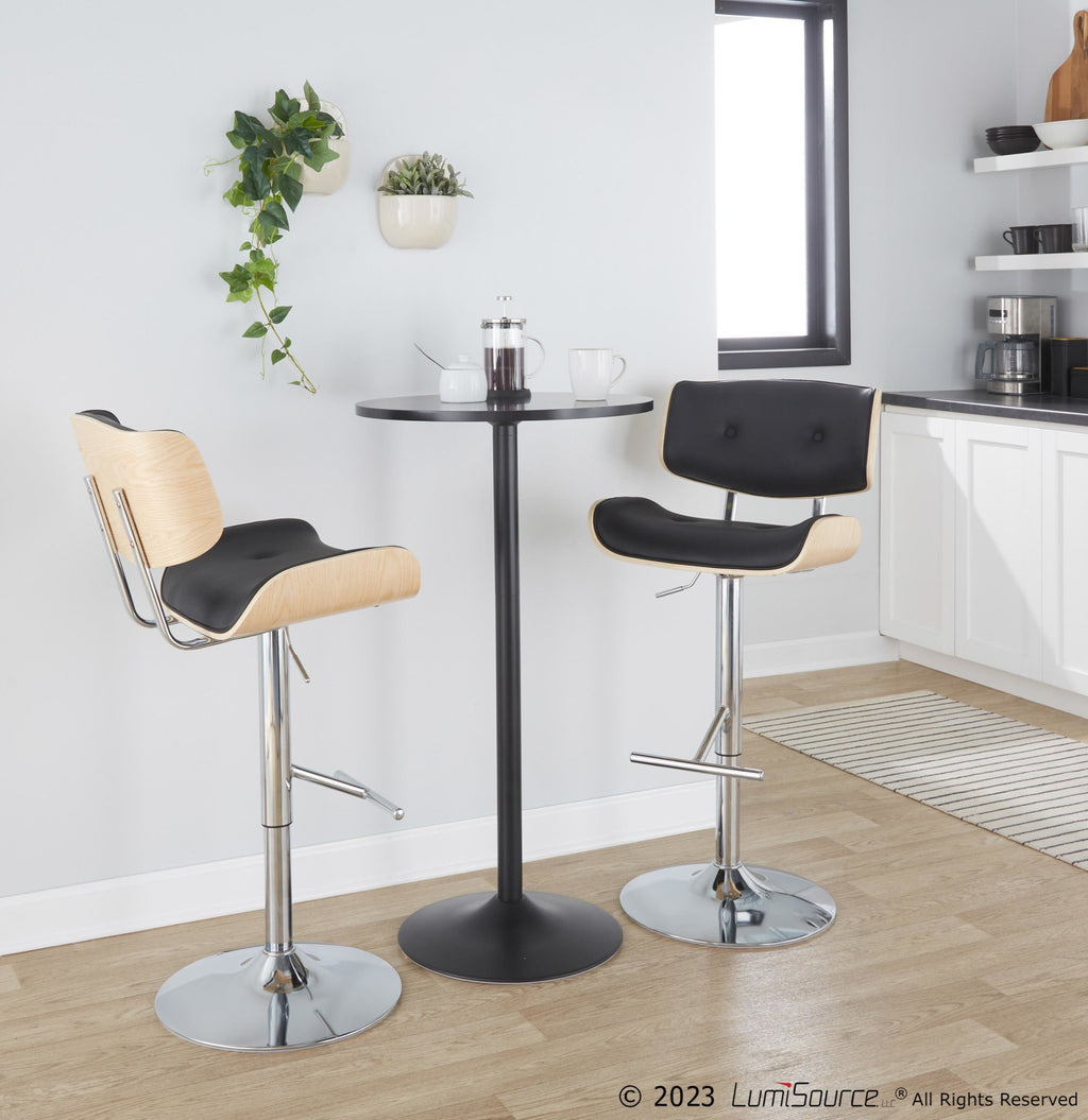 Lombardi Adjustable Barstool - Set of 2 - Chrome Metal, Natural Wood, Black PU