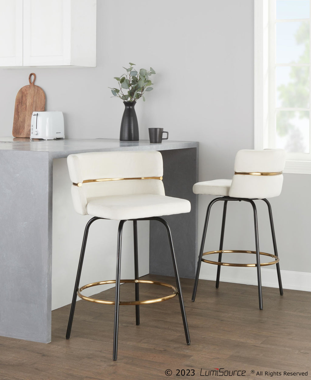 Cinch Claire 26" Fixed-Height Counter Stool - Set of 2 - Black Metal, Gold Metal, Cream Velvet