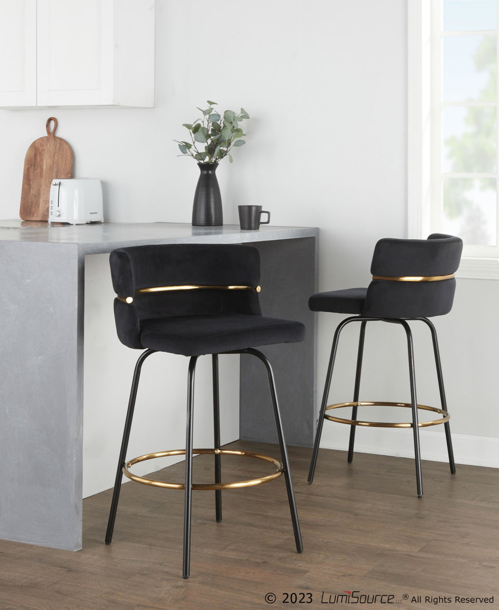 Cinch Claire 26" Fixed-Height Counter Stool - Set of 2 - Black Metal, Gold Metal, Black Velvet