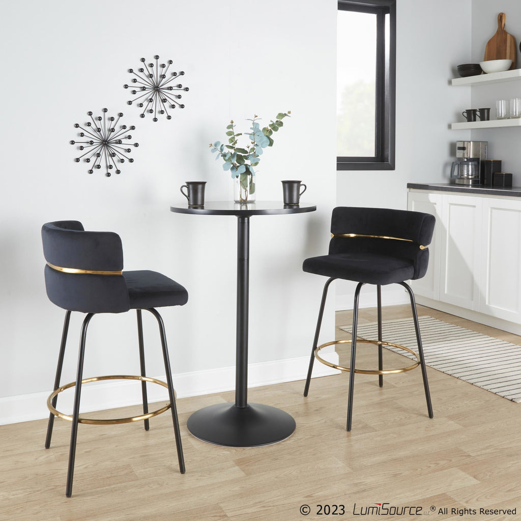 Cinch Claire 26" Fixed-Height Counter Stool - Set of 2 - Black Metal, Gold Metal, Black Velvet