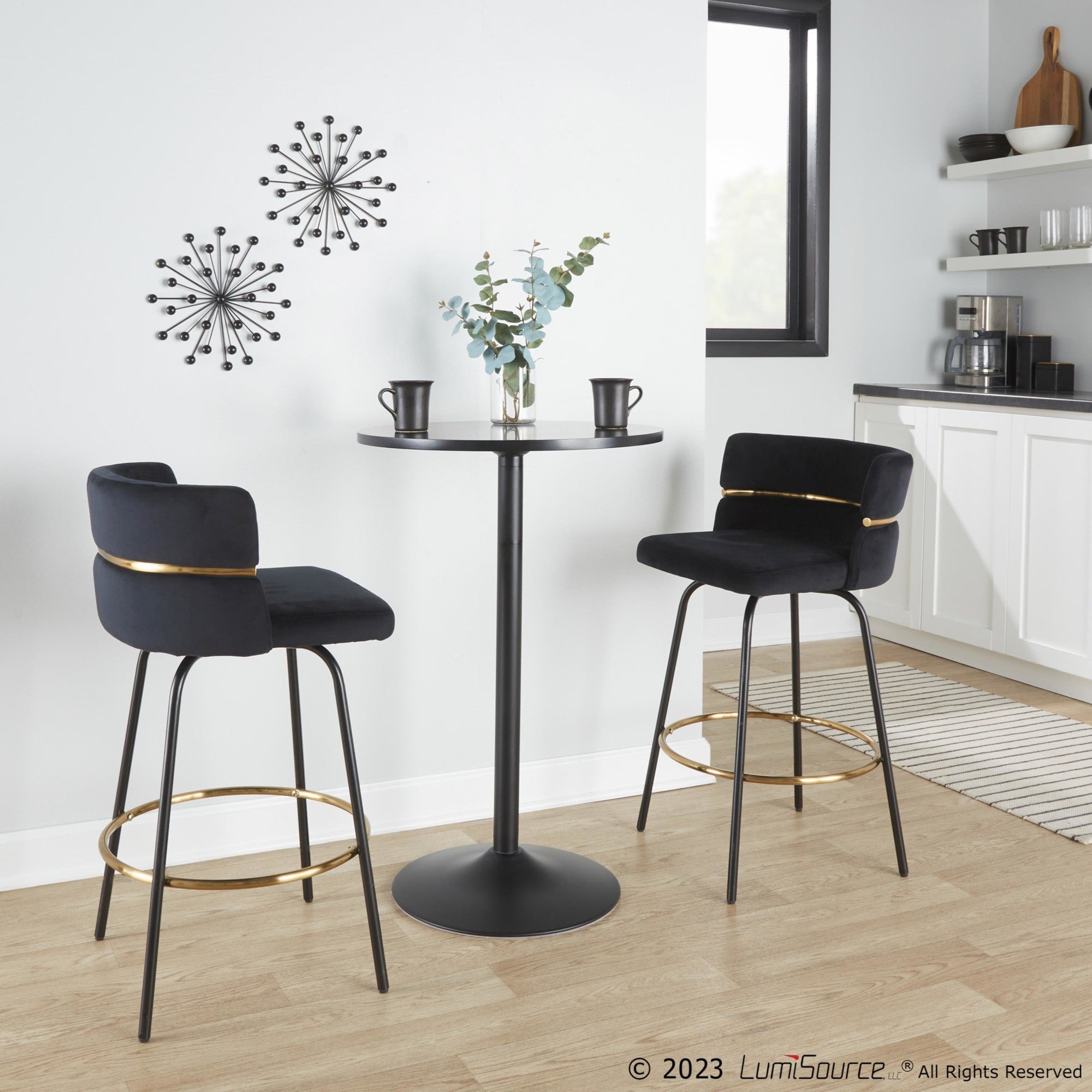 Cinch Claire 26" Fixed-Height Counter Stool - Set of 2 - Black Metal, Gold Metal, Black Velvet