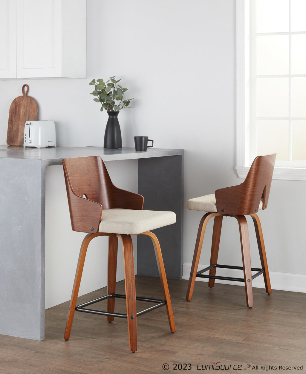 Ariana 24" Fixed-Height Counter Stool - Set of 2 - Walnut Wood, Beige Fabric, Black Metal