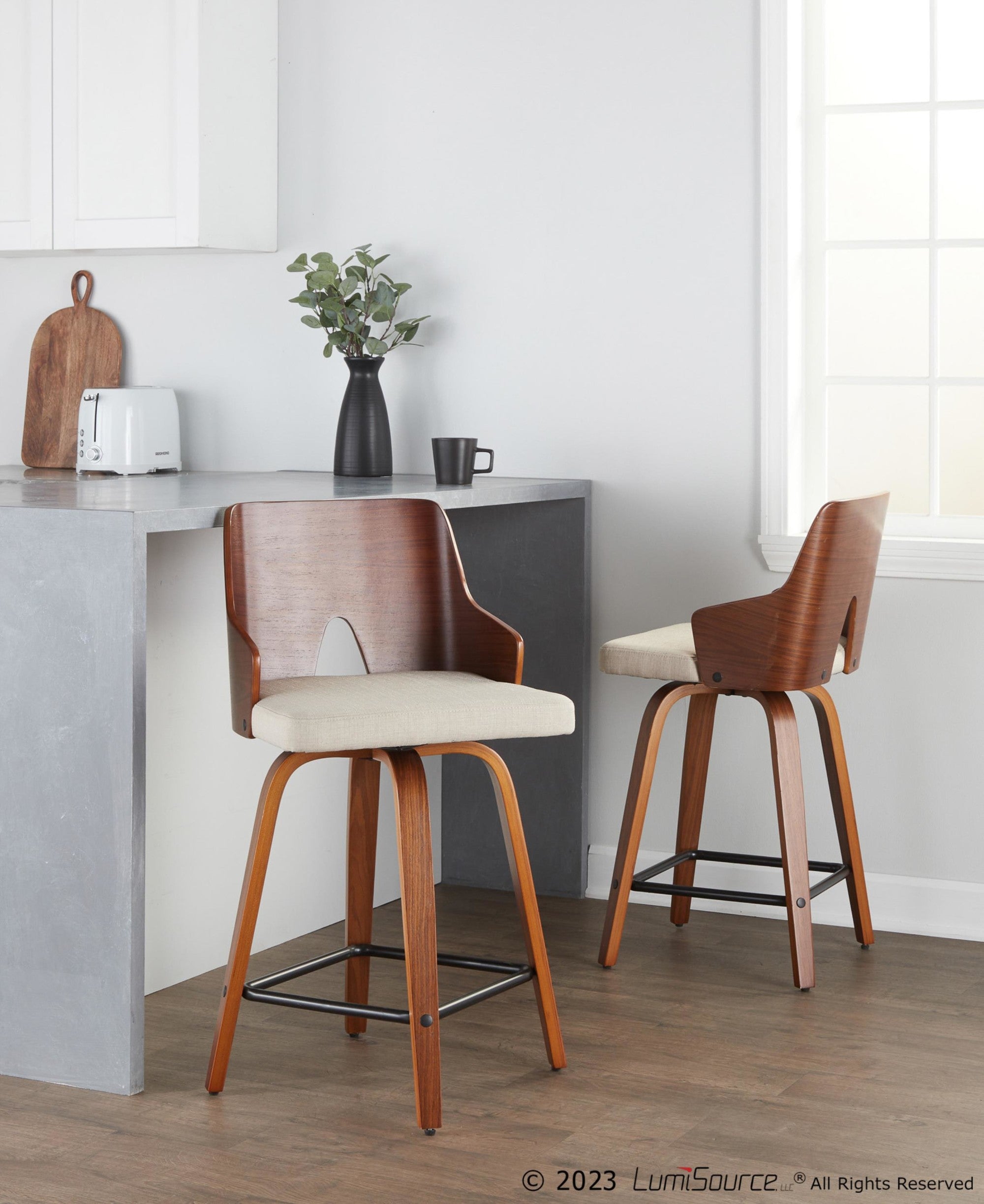 Ariana 24" Fixed-Height Counter Stool - Set of 2 - Walnut Wood, Beige Fabric, Black Metal