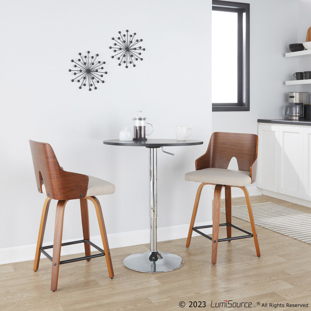 Ariana 24" Fixed-Height Counter Stool - Set of 2 - Walnut Wood, Beige Fabric, Black Metal