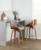 Fabrizzi 26" Fixed-Height Counter Stool - Set of 2 - Walnut Wood, Chrome Metal, Noise Grey Fabric