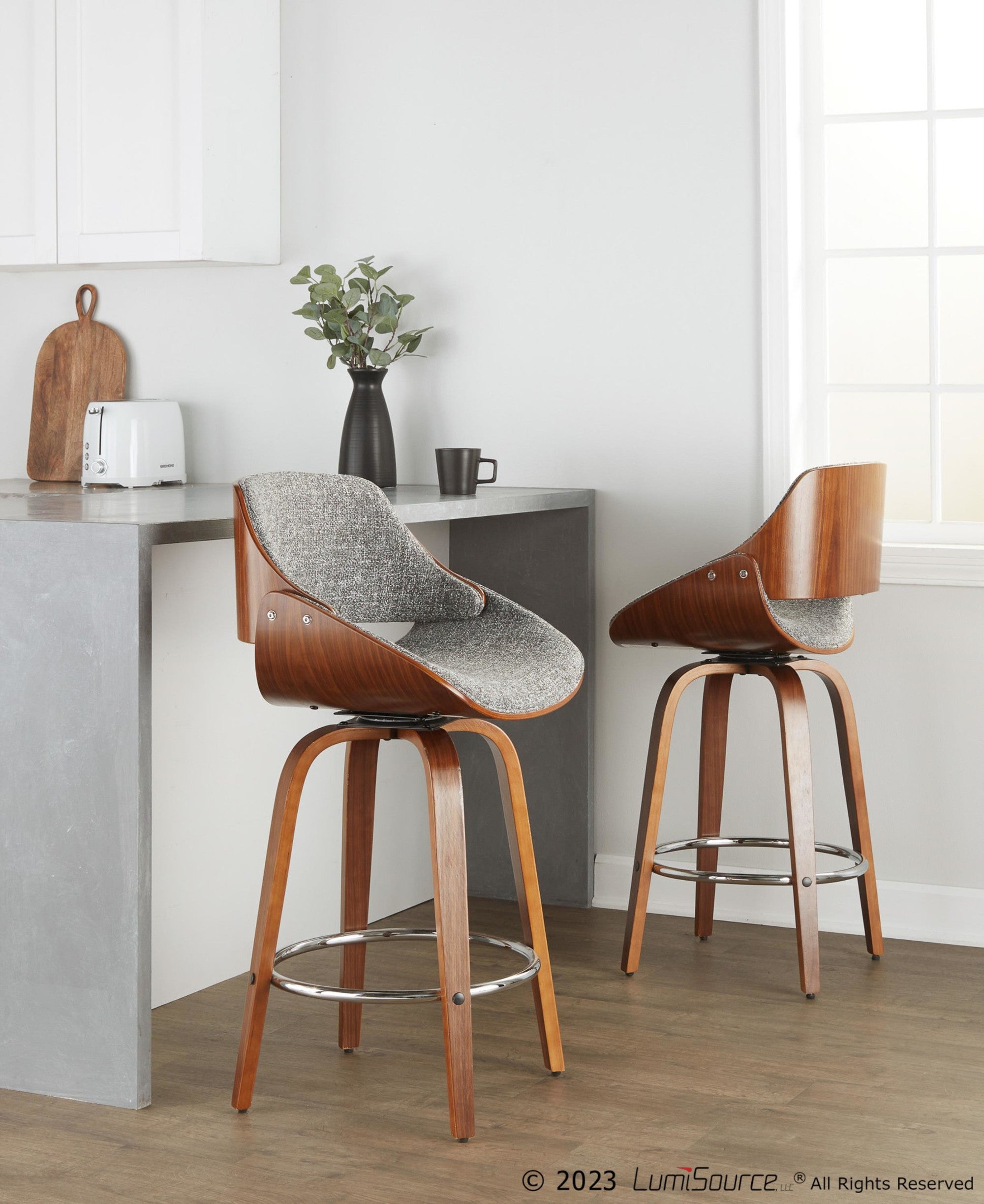 Fabrizzi 26" Fixed-Height Counter Stool - Set of 2 - Walnut Wood, Chrome Metal, Noise Grey Fabric