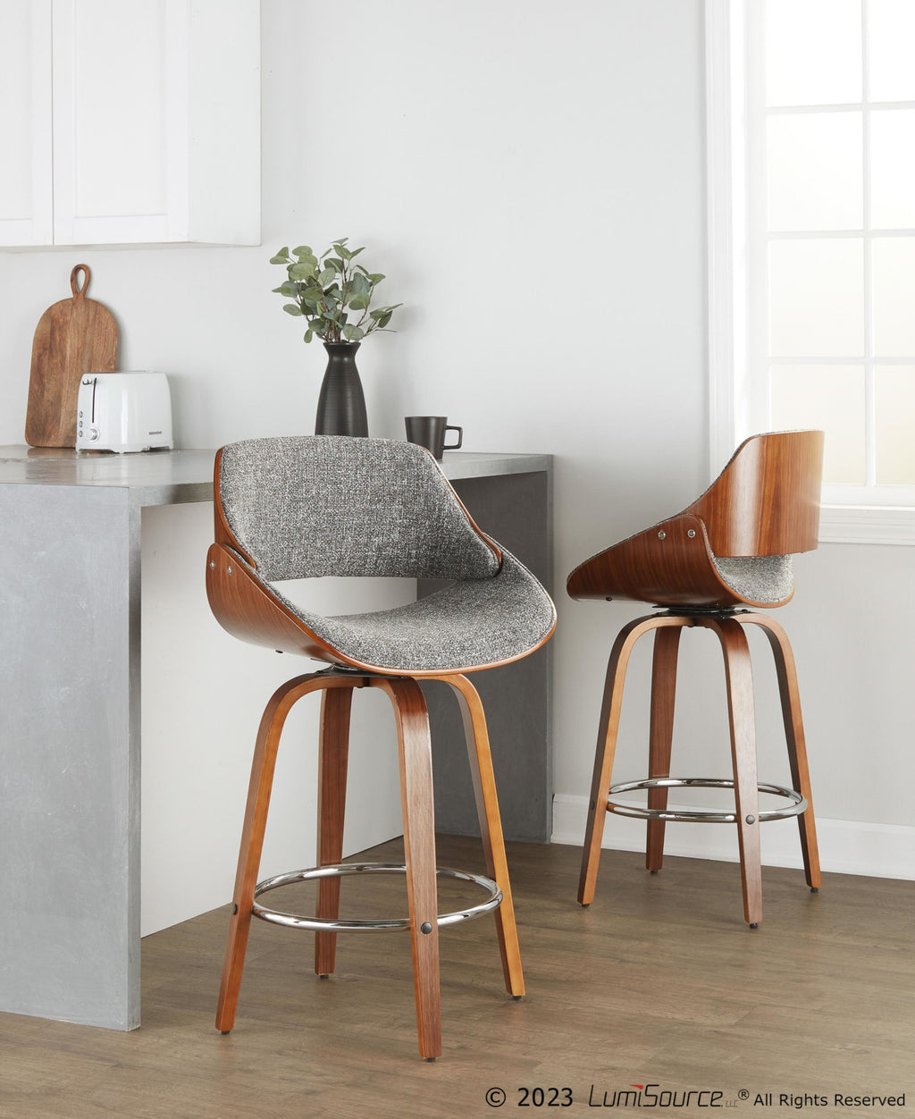 Fabrizzi 26" Fixed-Height Counter Stool - Set of 2 - Walnut Wood, Chrome Metal, Noise Grey Fabric