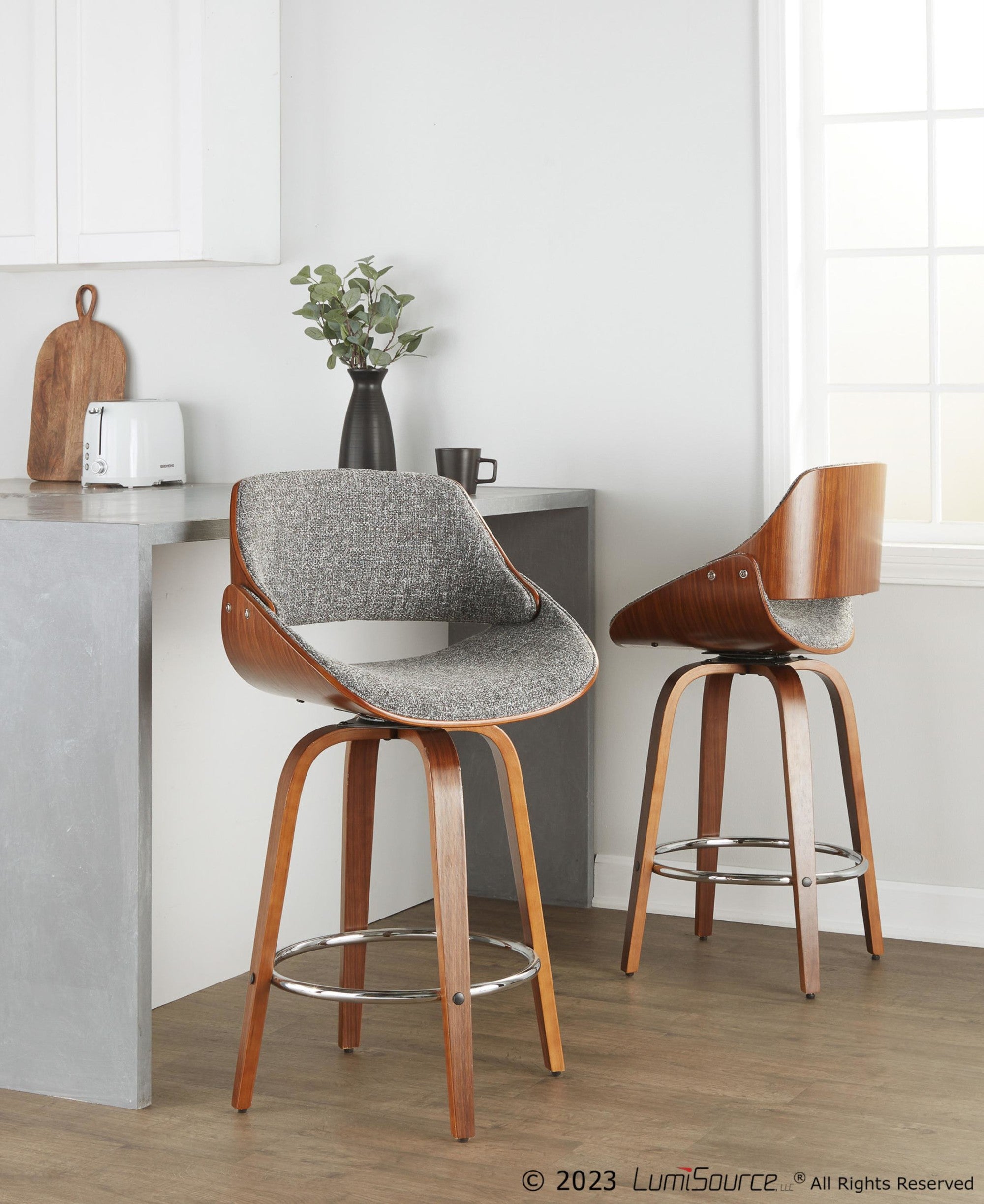 Fabrizzi 26" Fixed-Height Counter Stool - Set of 2 - Walnut Wood, Chrome Metal, Noise Grey Fabric